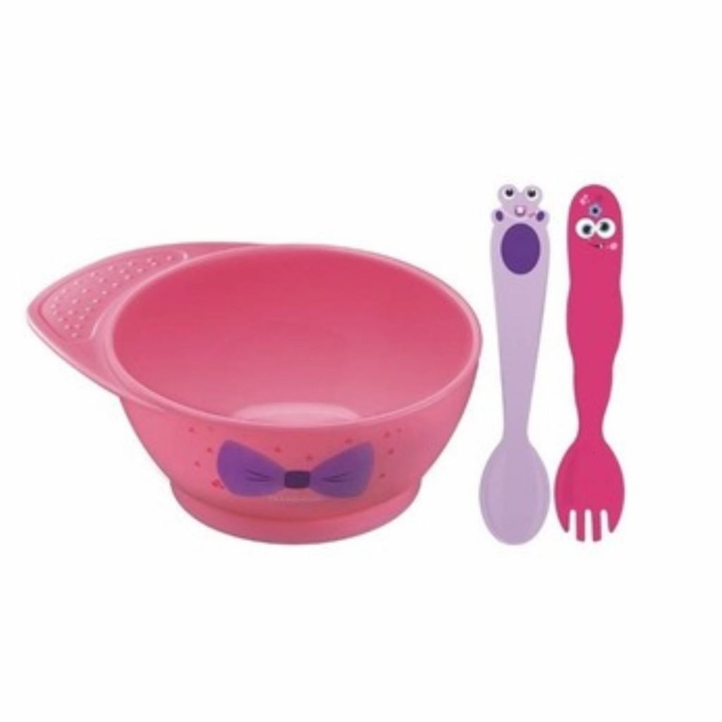 Cuchara, Tenedor y Bowl Monster Baby - Rosa